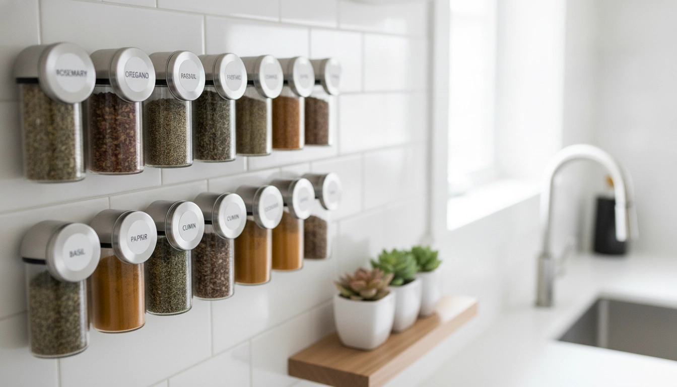 Exemple concret de ranger épices petite cuisine astuces avec des pots magnétiques fixés au mur.