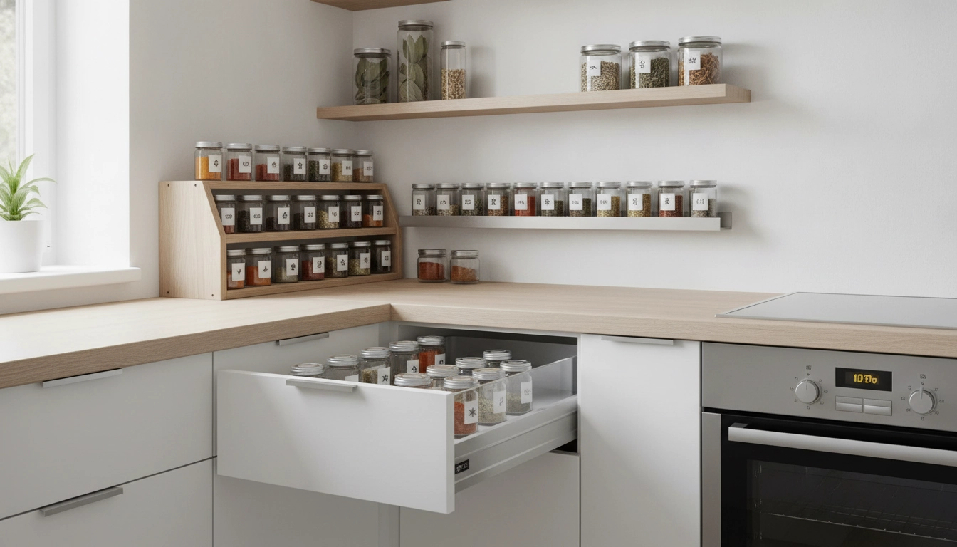Une cuisine moderne et minimaliste utilisant des ranger épices petite cuisine astuces pour un gain d'espace optimal.