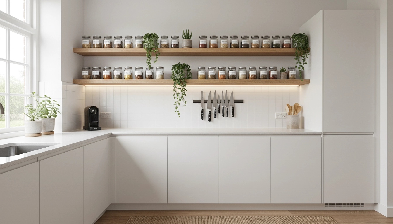 Petite cuisine rangée avec placards jusqu'au plafond et étagères murales ouvertes pour optimiser le rangement vertical