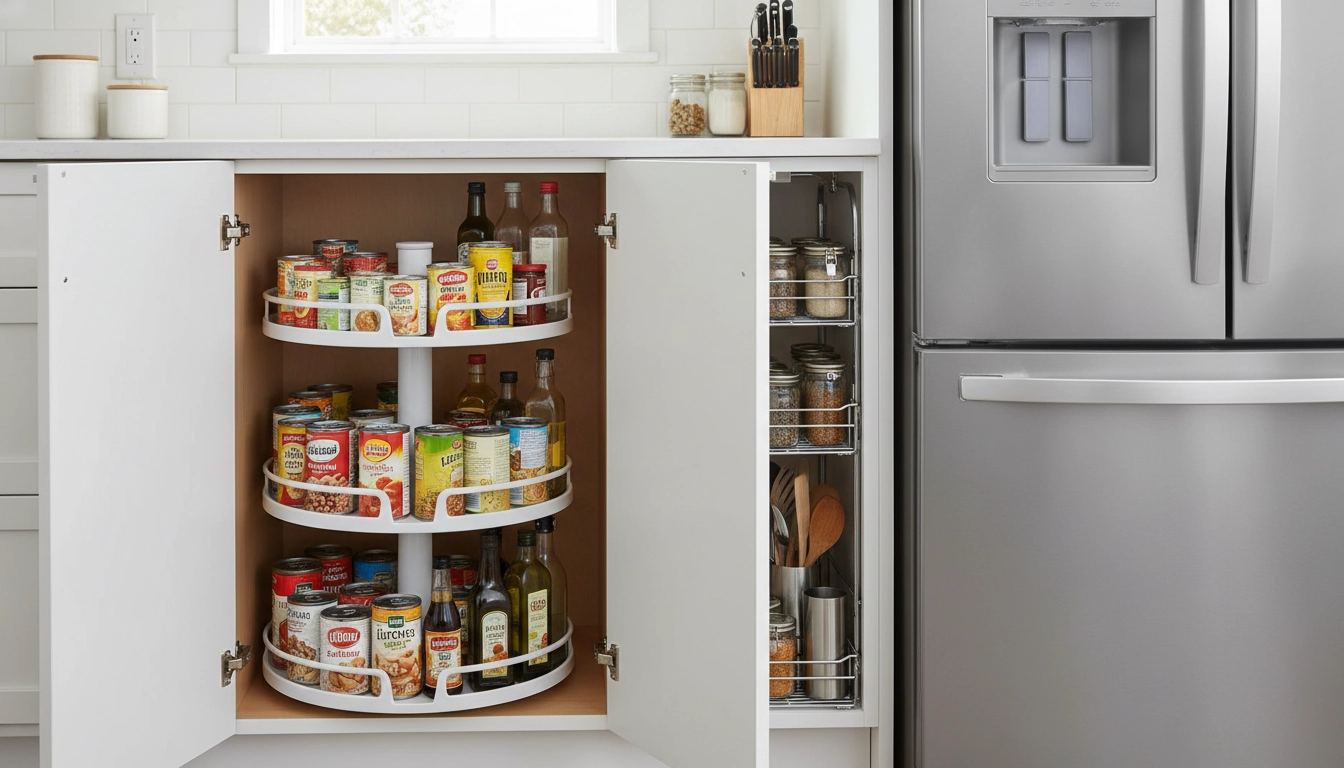 Solution d'aménagement des coins perdus d'une petite cuisine avec plateau tournant et tiroir coulissant