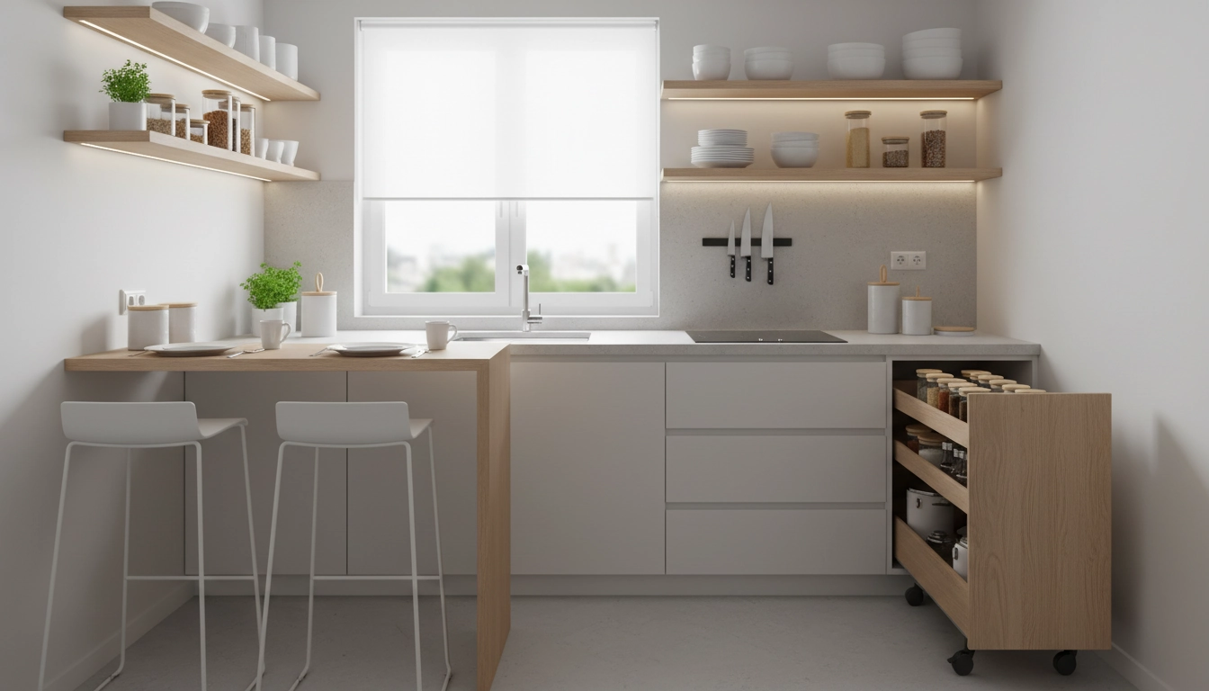 Petite cuisine bien organisée avec rangements verticaux, étagères murales et plan de travail dégagé