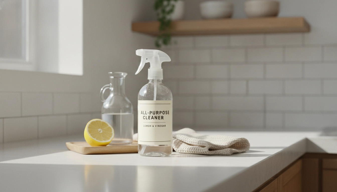 La recette nettoyant multi-surface zéro déchet maison dans un flacon en verre élégant.