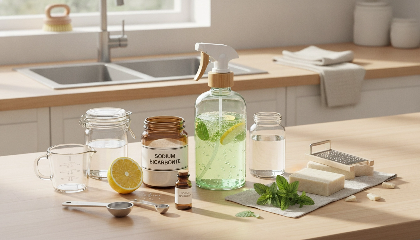 Une bouteille en verre réutilisable contenant une recette nettoyant multi-surface zéro déchet maison sur un plan de travail en bois.