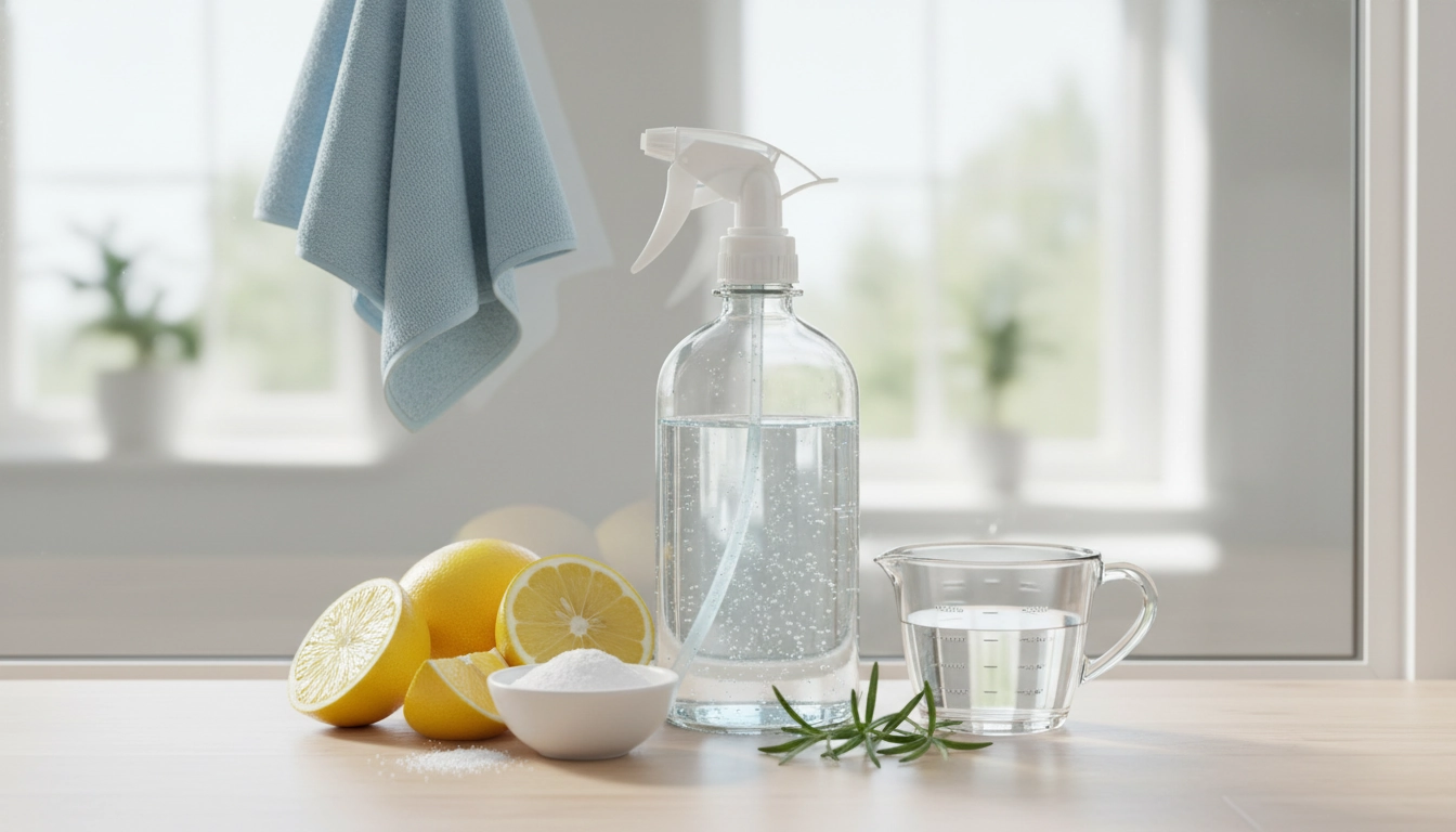 Flacon vaporisateur en verre contenant la recette nettoyant vitres sans traces zéro déchet posé devant une fenêtre lumineuse.