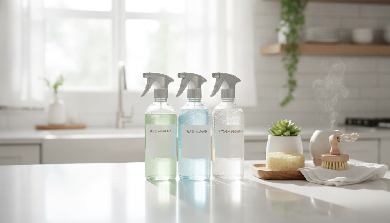 Recettes produits ménagers naturels cuisine salle de bain en flacons en verre