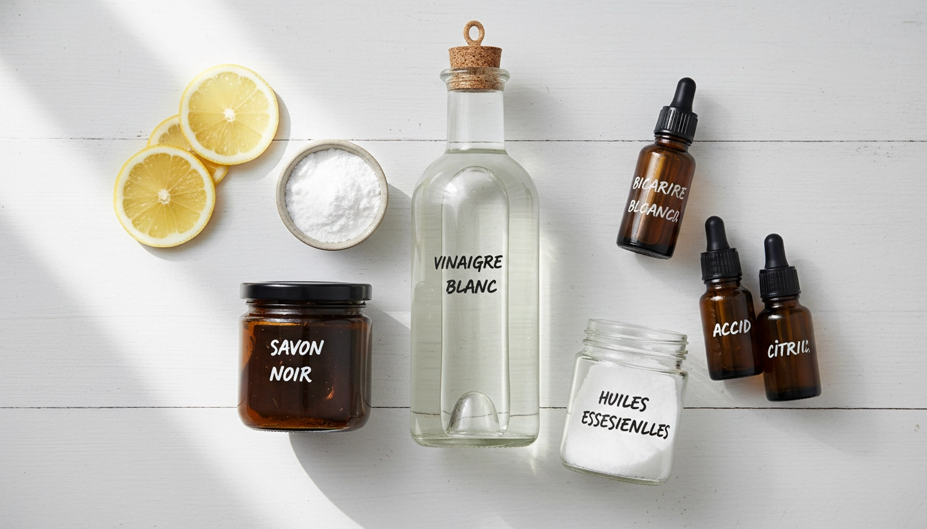 Ingrédients de base pour préparer des recettes produits ménagers écologiques faits maison : vinaigre, bicarbonate, savon noir et huiles essentielles