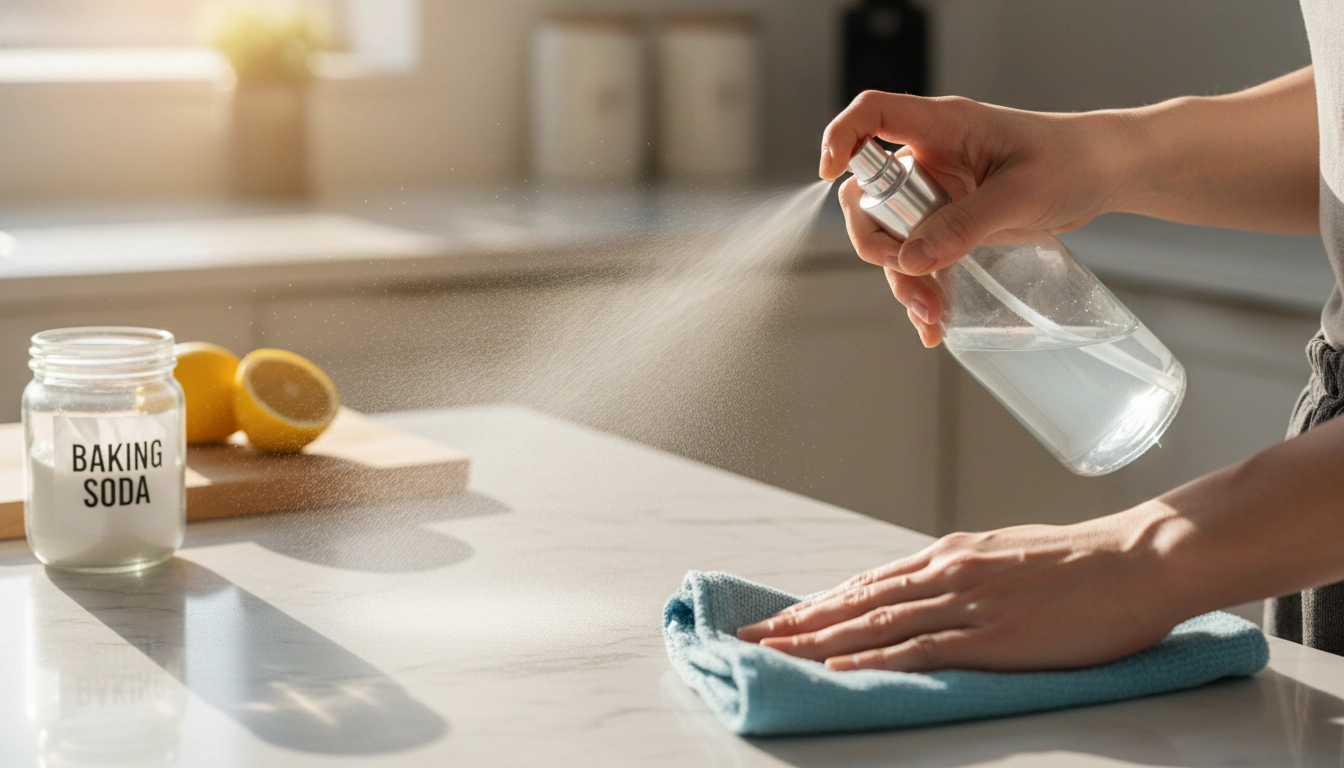 Utilisation d'un spray nettoyant naturel maison sur un plan de travail de cuisine, à base de recettes écologiques