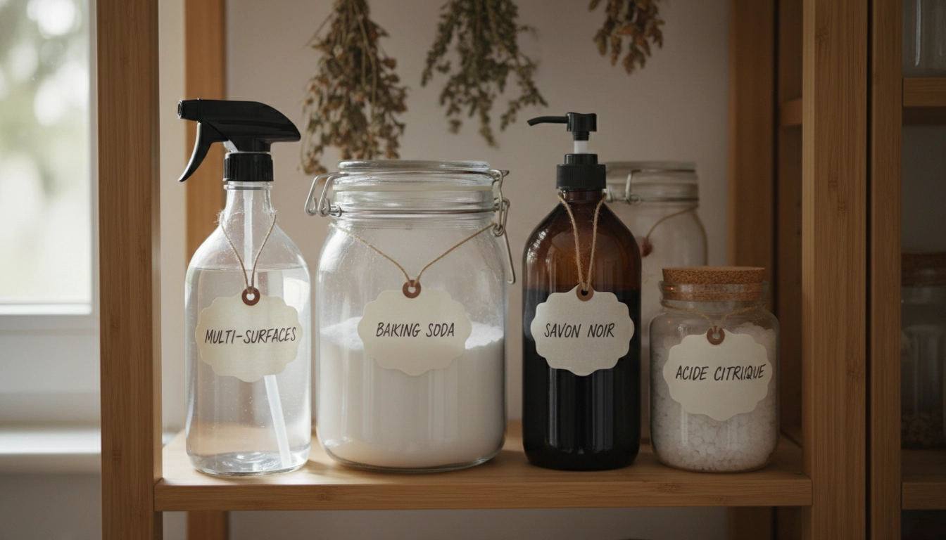 Rangement organisé des produits ménagers écologiques faits maison dans un placard, avec flacons étiquetés et ingrédients naturels
