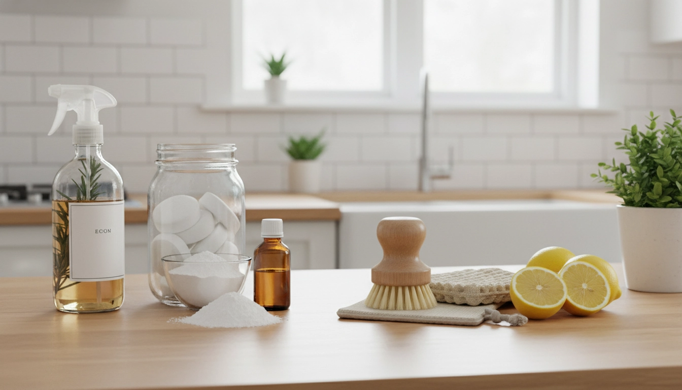 Ingrédients naturels pour recettes produits ménagers écologiques faits maison : vinaigre blanc, bicarbonate de soude et savon noir