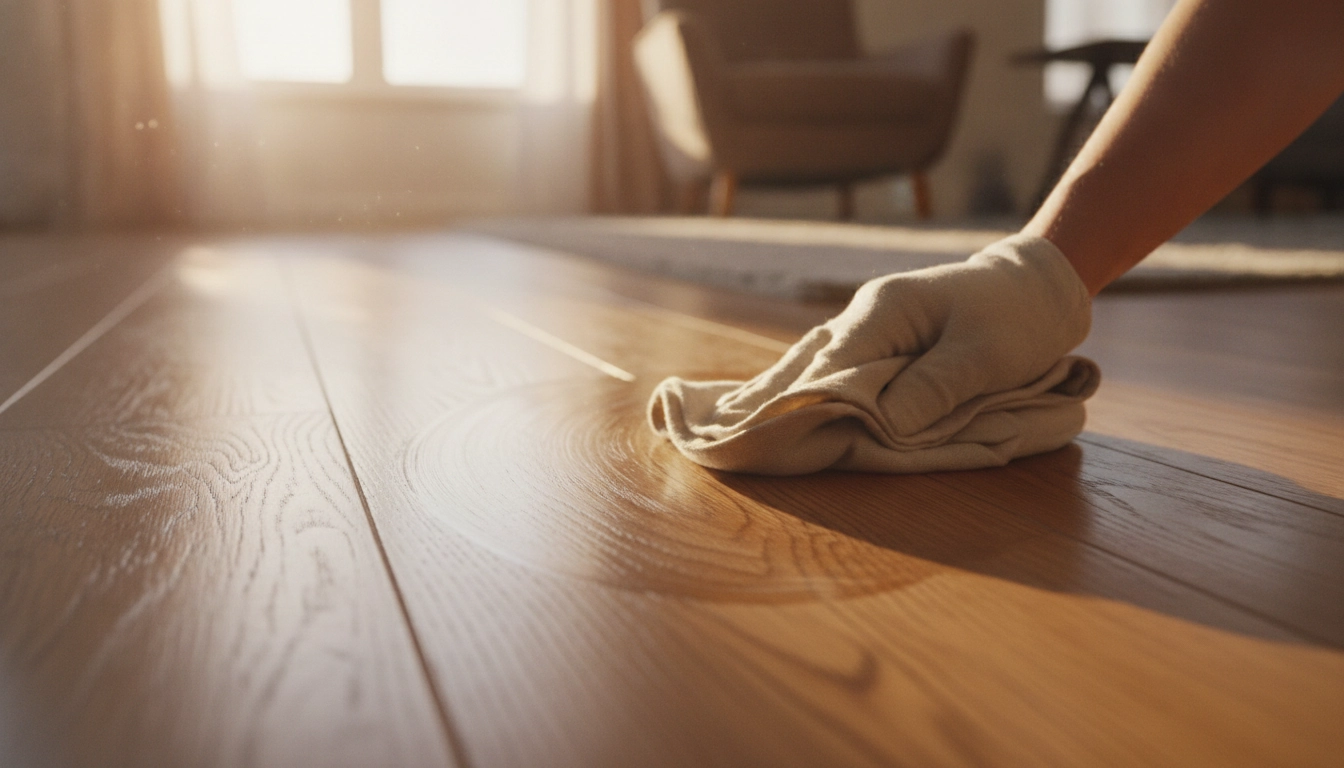 Une main utilisant un chiffon doux pour redonner éclat parquet terne naturellement