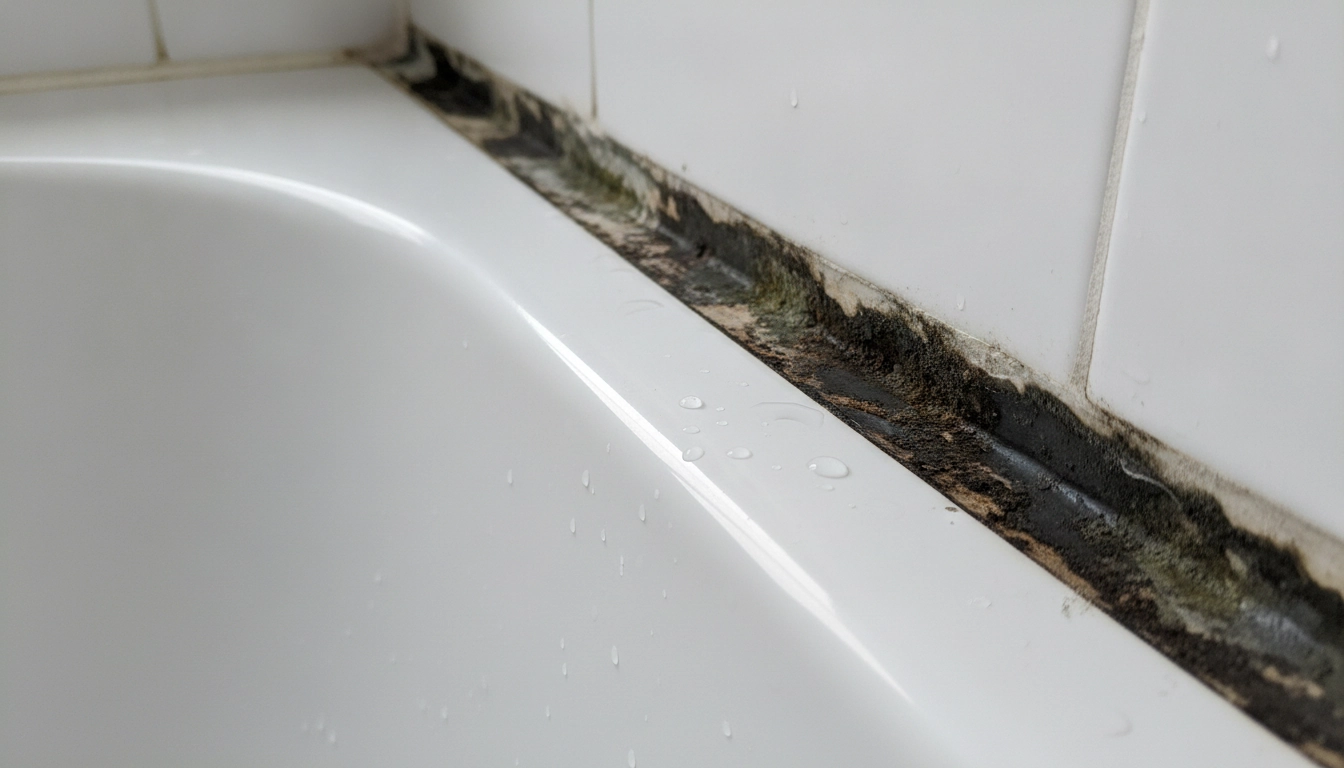 Détail d'un vieux mastic noirci par la moisissure nécessitant d'être remplacé