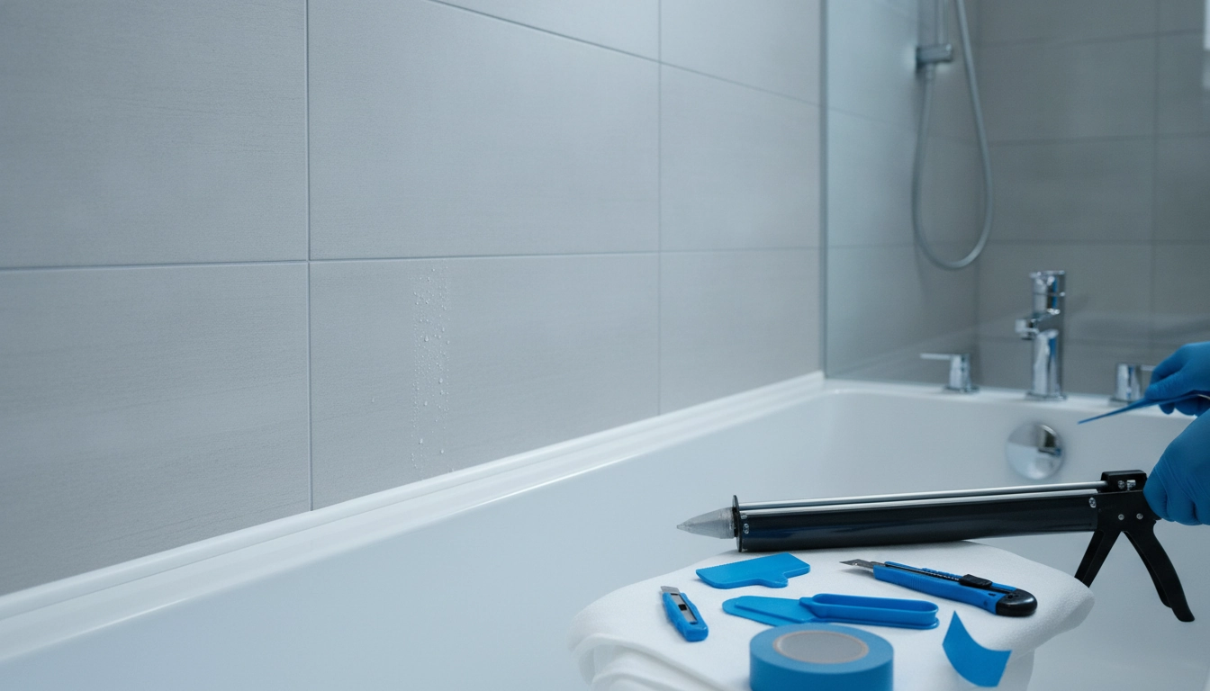 Une personne appliquant avec soin du mastic pour refaire joints silicone salle bain facilement à l'aide d'un pistolet extrudeur