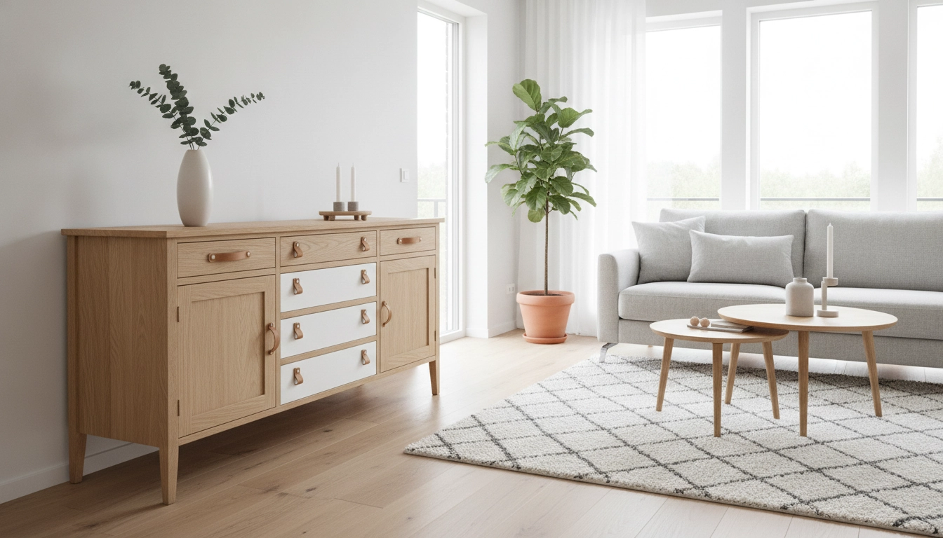 Exemple réussi pour relooker meuble ancien style scandinave avec une finition blanche et bois.