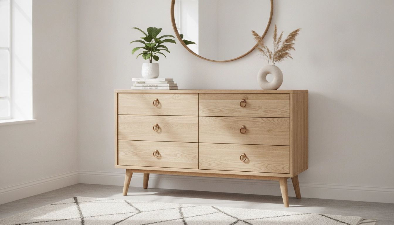 Un buffet en bois relooké style scandinave avec des tons blancs et bois clair.