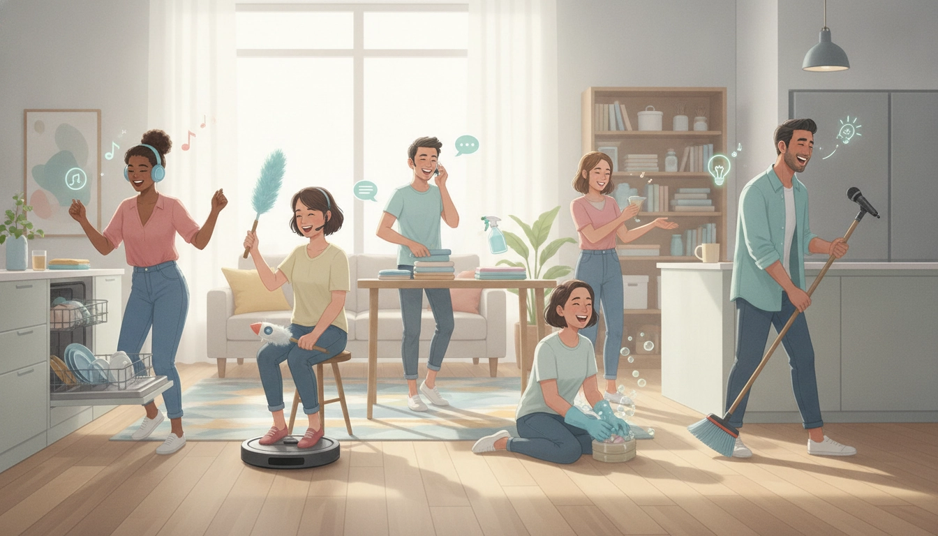 Une personne souriante écoutant de la musique tout en rangeant son salon pour rendre tâches ménagères moins ennuyeuses