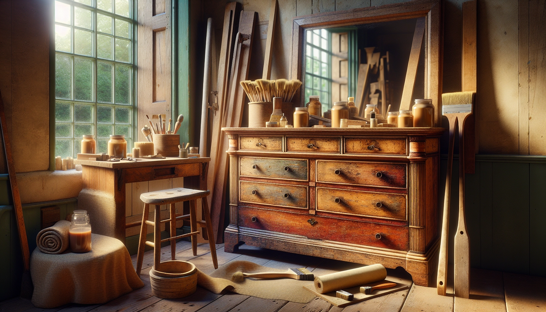 Atelier de rénovation meubles bois anciens avec outils de ponçage et produits de finition naturelle