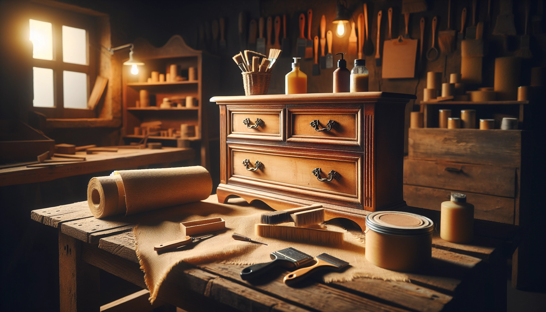 Atelier de rénovation meubles bois anciens avec commode en cours de décapage et outils de restauration posés sur un établi