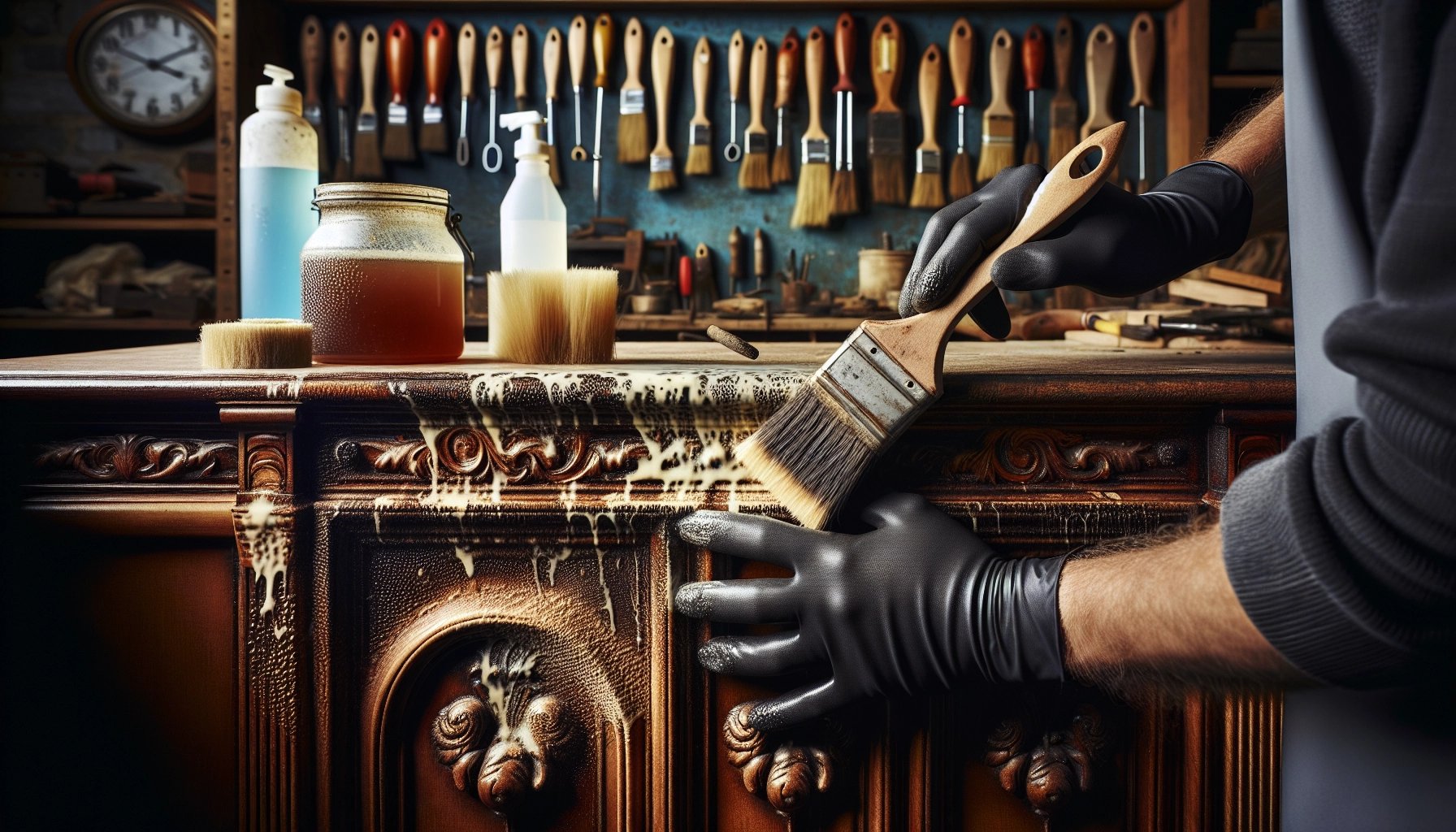 Application d'un décapant chimique sur un ancien meuble en bois lors de la phase de décapage