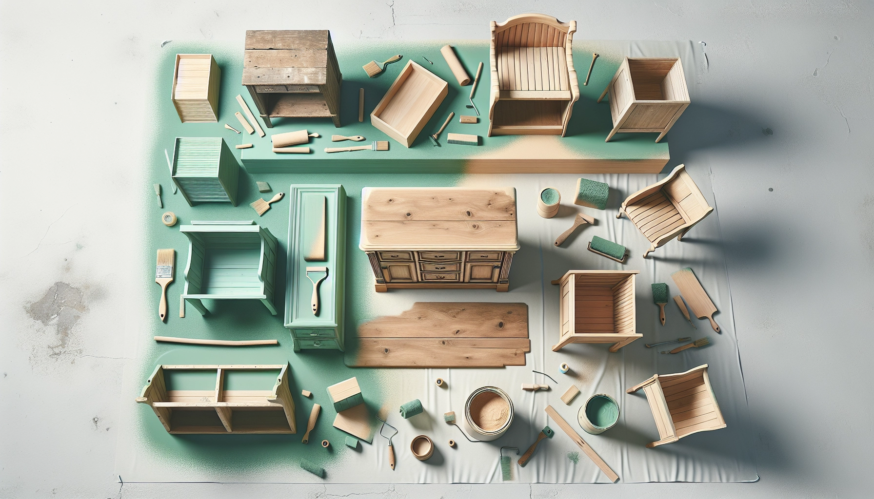 Différentes étapes de rénovation de meubles anciens en bois dans un atelier lumineux