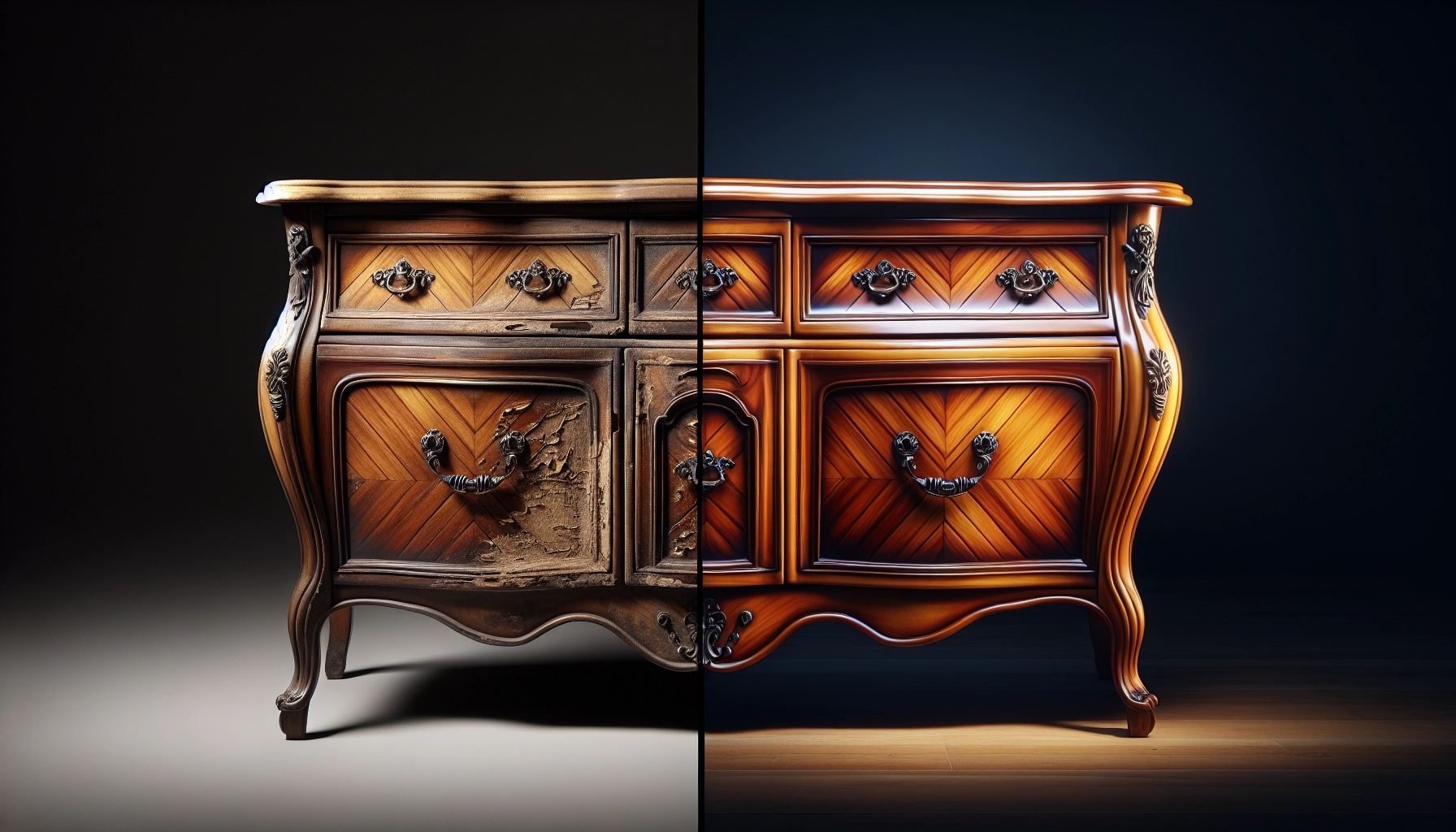 Avant-après de la rénovation d'une commode Louis XV ancienne en bois massif avec finition huile naturelle