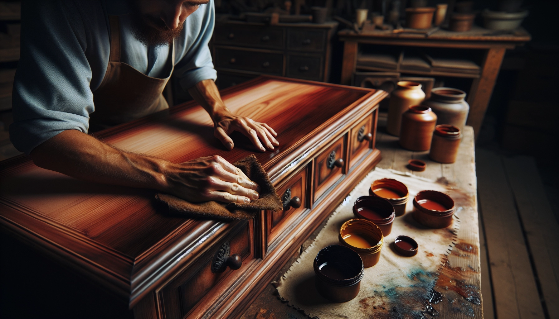 Application d'une teinture bois sur un meuble ancien rénové pour révéler le grain naturel