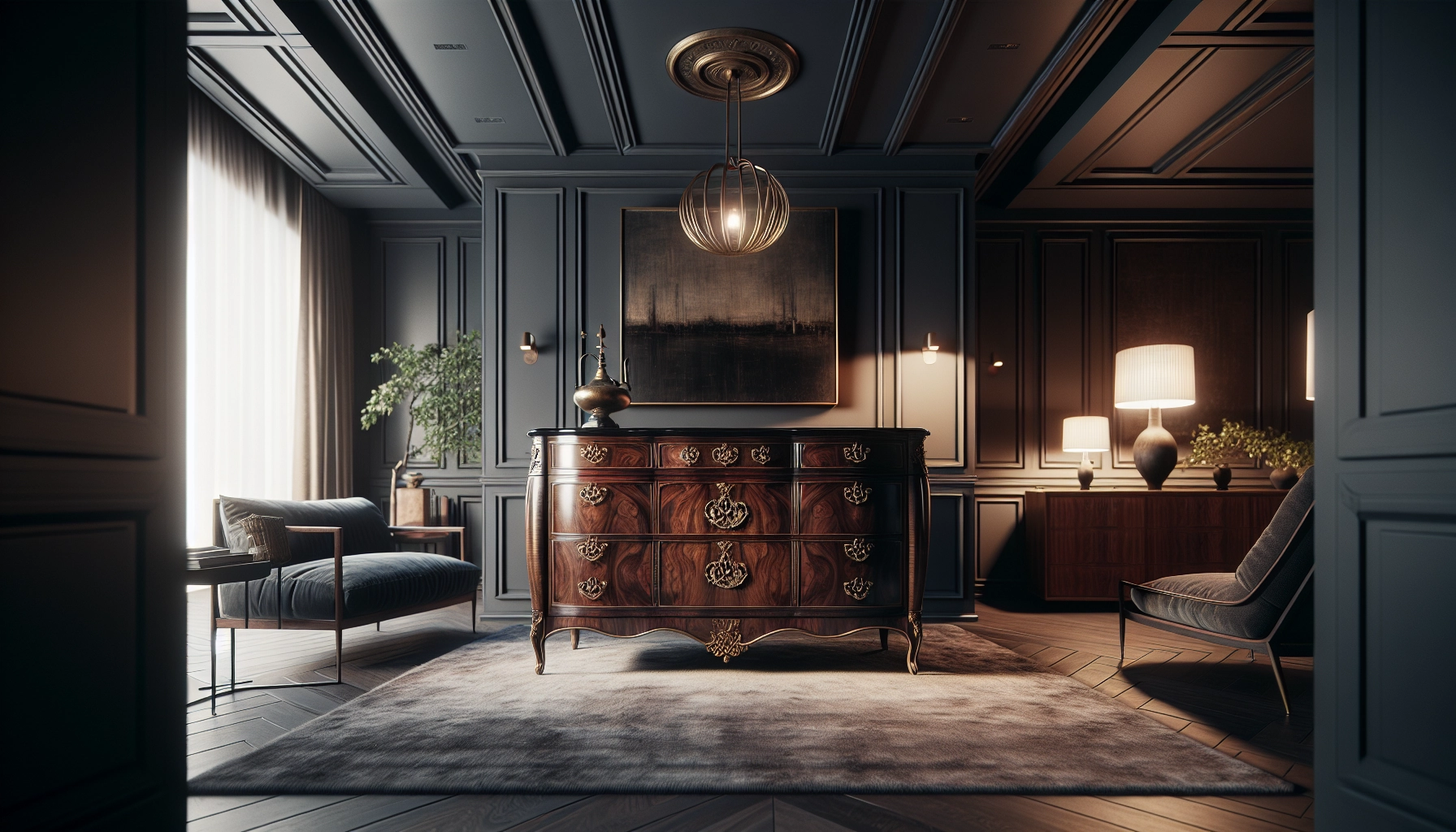 Commode ancienne en noyer entièrement rénovée avec poignées en laiton dans un salon contemporain