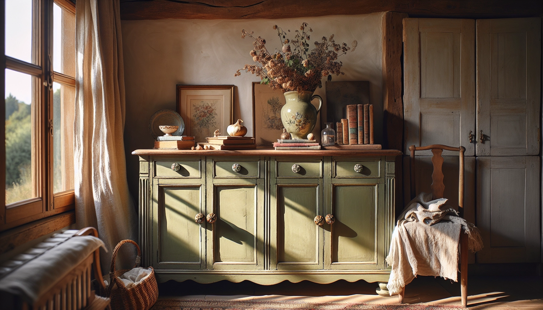 Buffet en bois ancien rénové et relooké en vert sauge dans un intérieur campagnard français, exemple de personnalisation créative