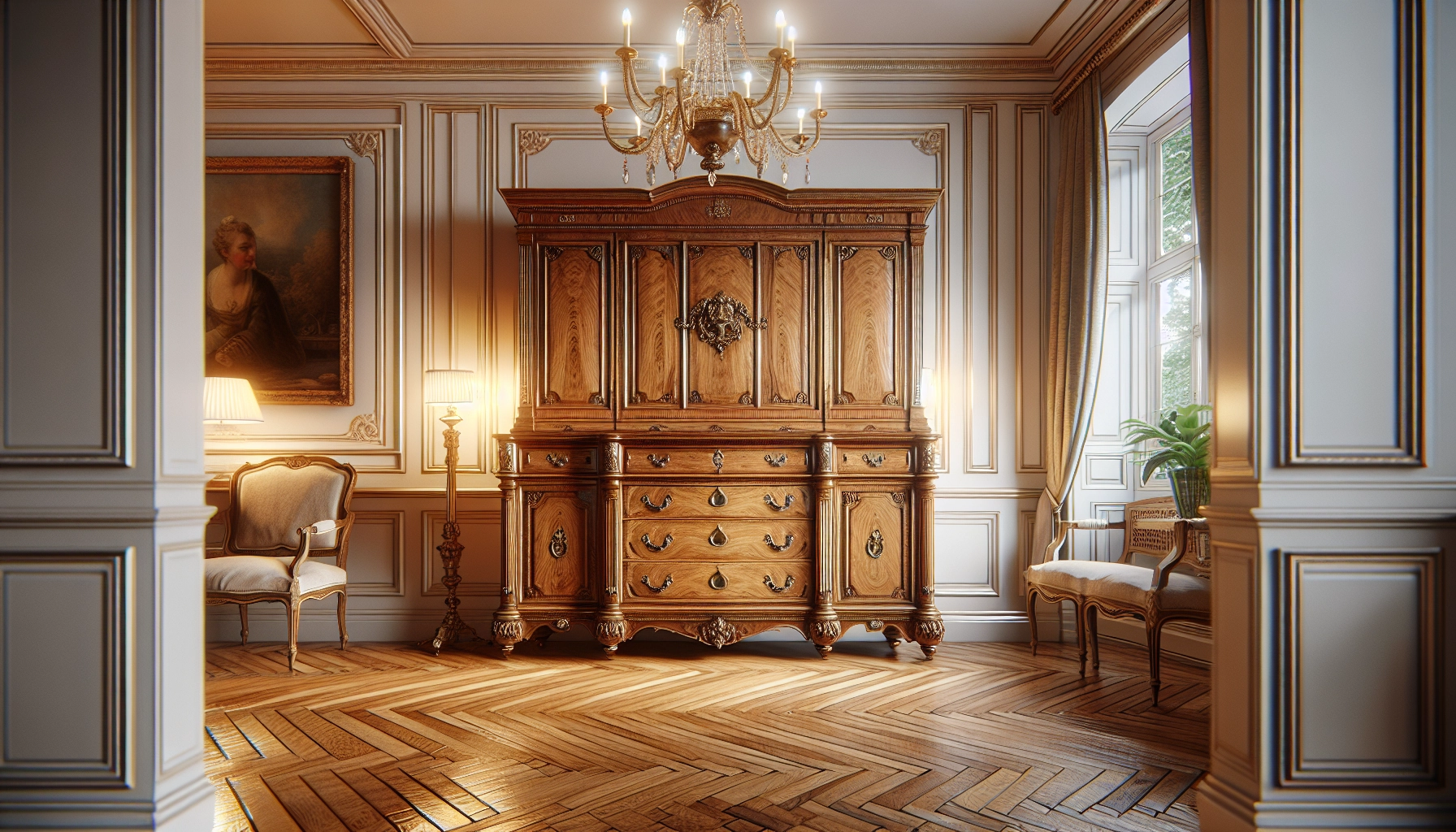 Résultat final d'un projet de rénovation meubles bois anciens : buffet chêne restauré avec poignées en laiton