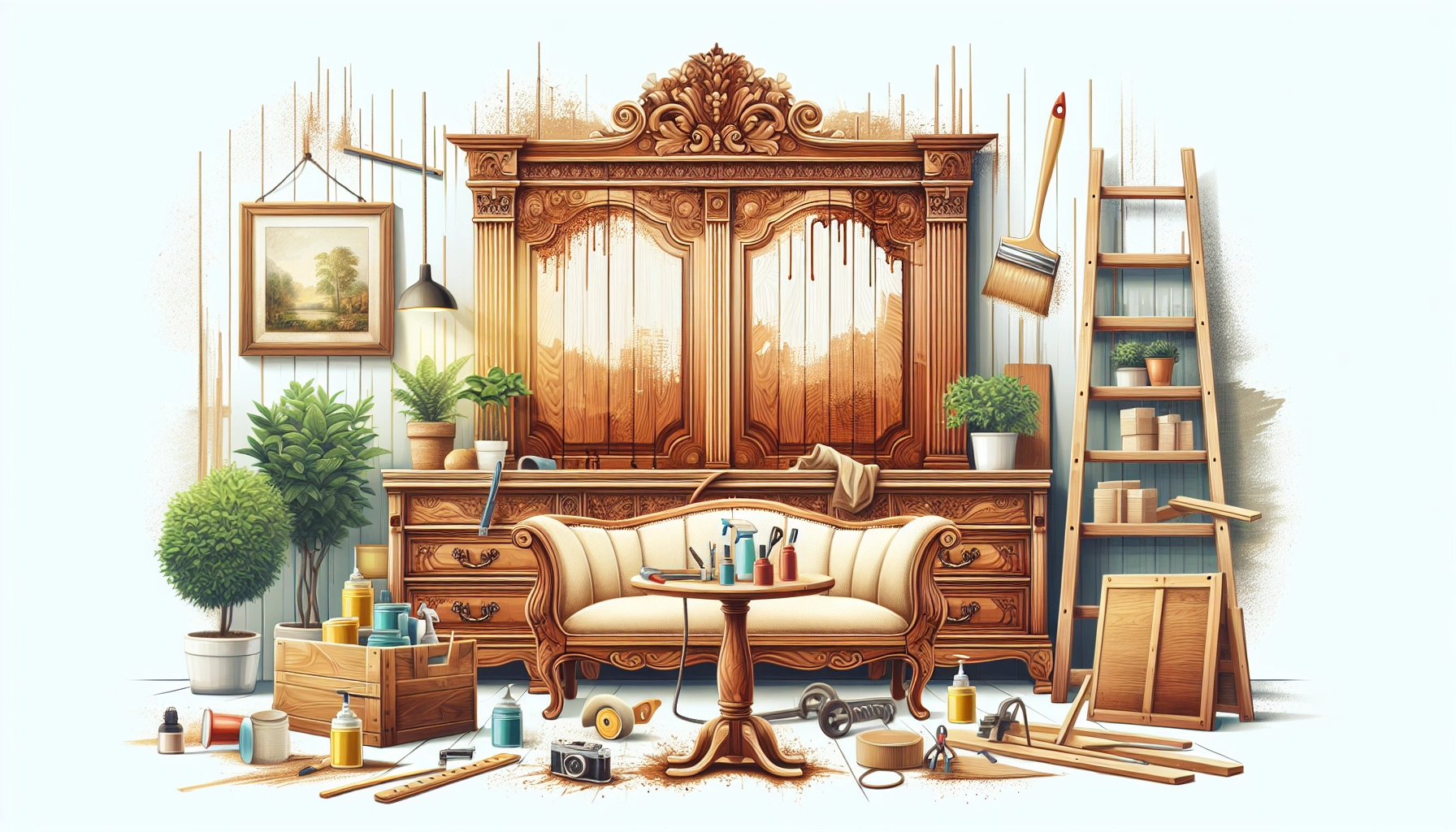 Atelier artisanal avec un meuble en bois ancien en cours de rénovation, outils de ponçage et pots de finition posés sur un établi en bois