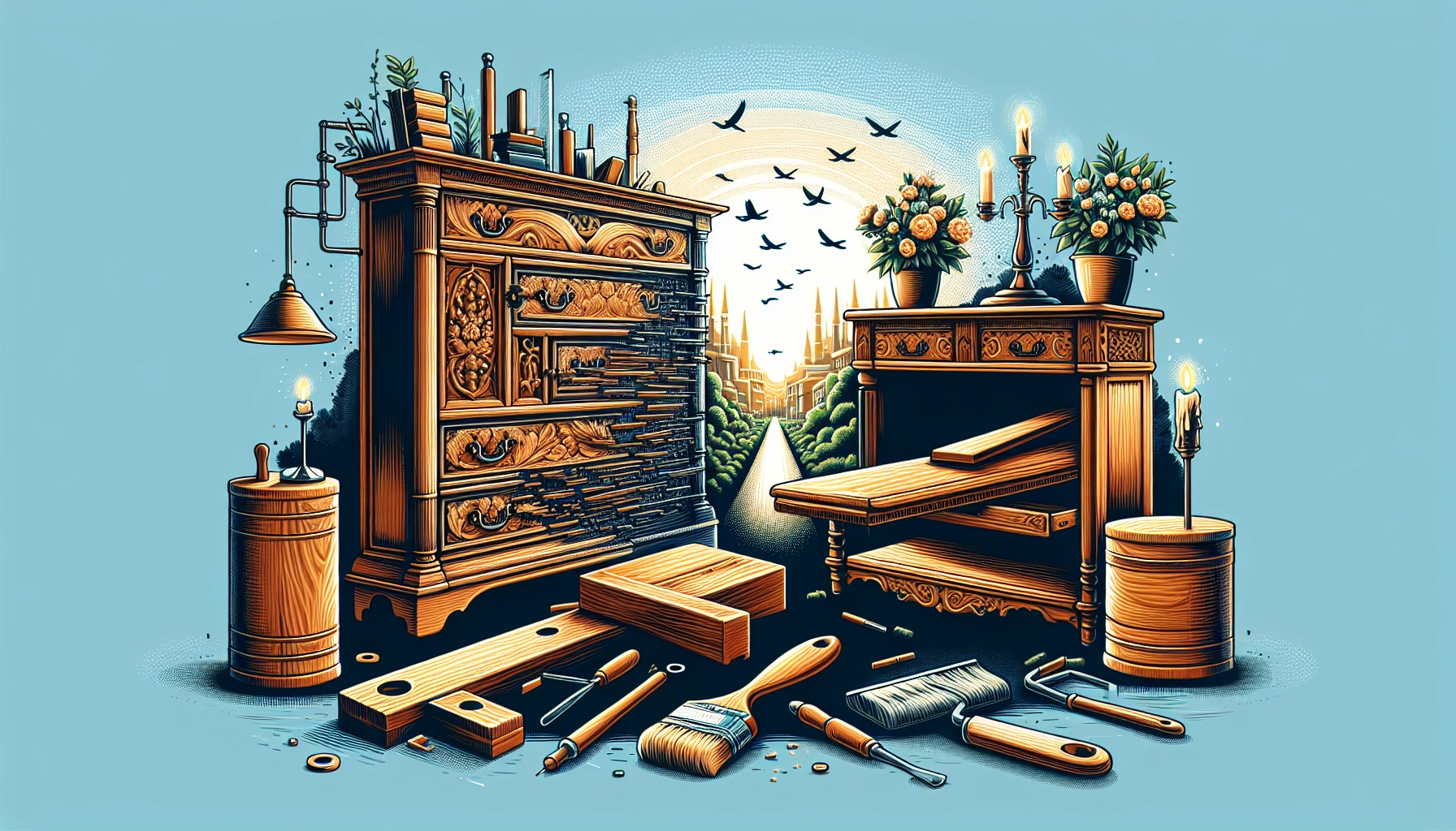 Commode ancienne en bois massif en cours de rénovation, avec outils et produits de restauration disposés autour