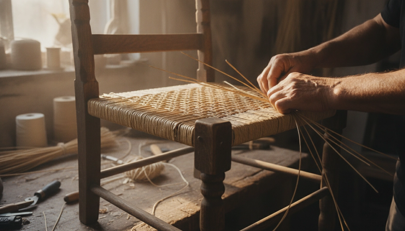 Détail technique pour rénover une chaise ancienne avec une assise en paille de manière artisanale.