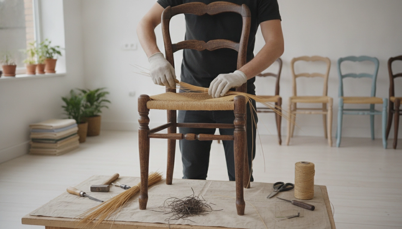 Une personne en train de rénover une chaise ancienne avec une assise en paille dans un atelier lumineux.