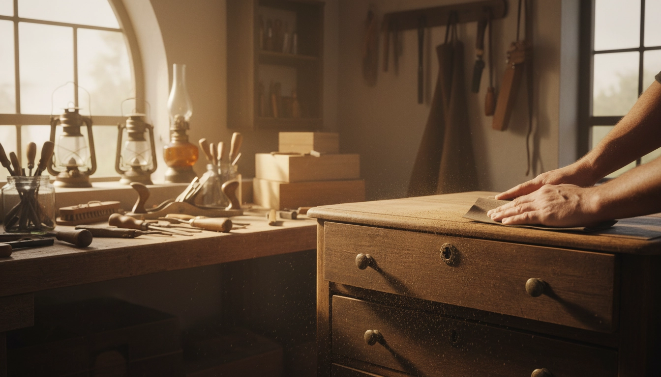 Mains artisanales ponçant un vieux meuble en bois pour rénover meubles anciens