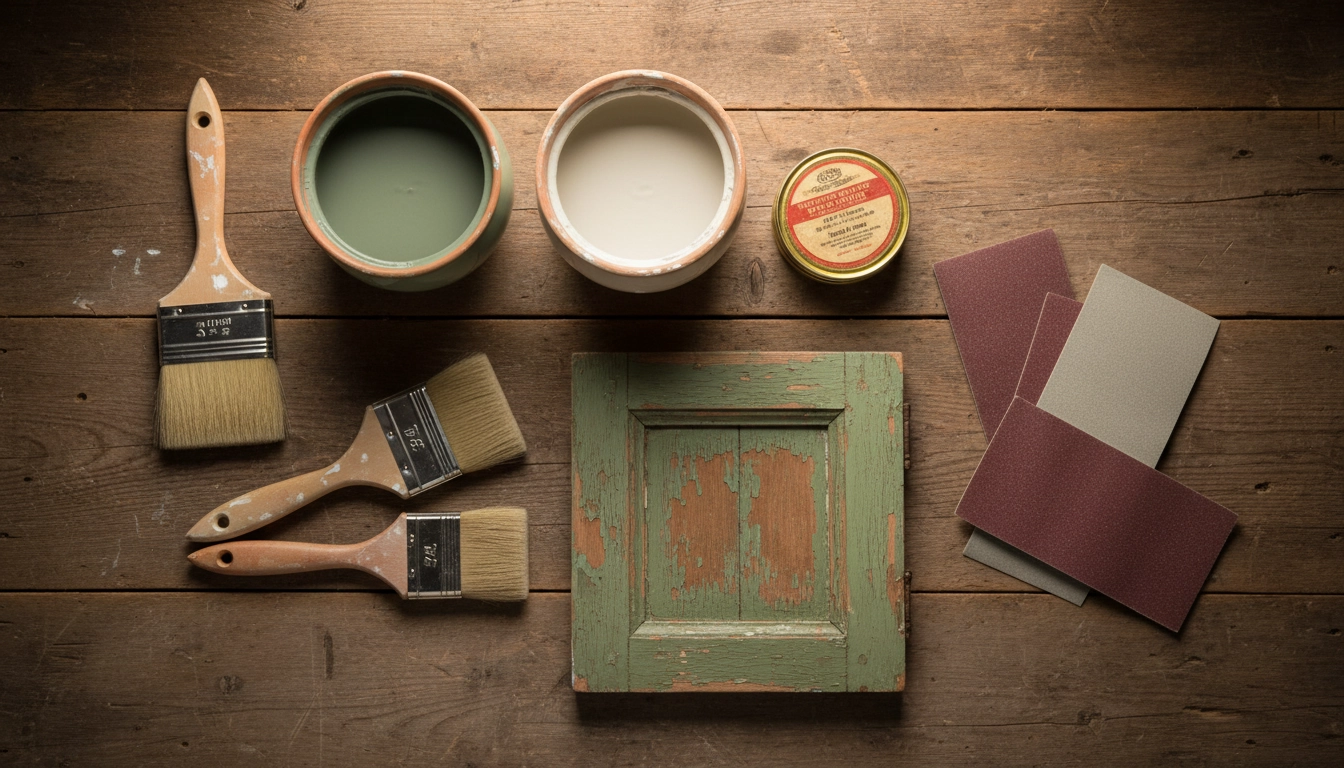Matériel de peinture chalk paint et cire naturelle pour sublimer un meuble ancien restauré
