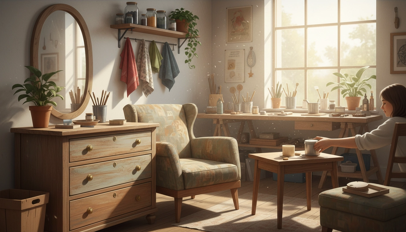 Rénover meubles anciens en bois avec peinture et outils de restauration artisanale