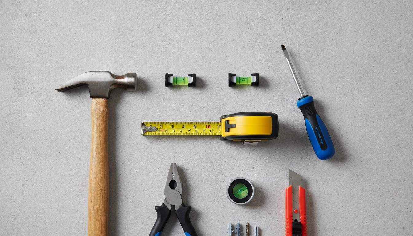 Kit de réparations maison outils minimum débutant organisé sur un établi
