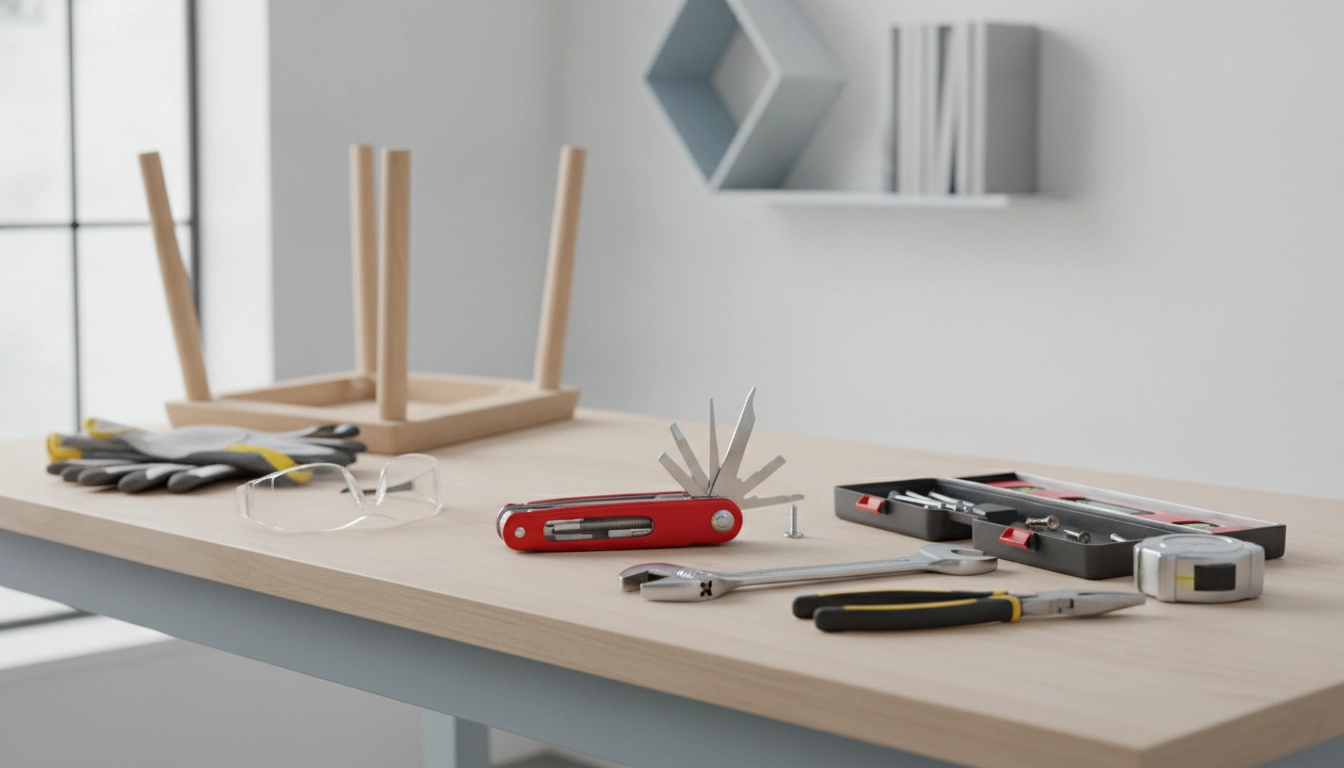 Un kit de réparations maison outils minimum débutant posé sur une table en bois propre