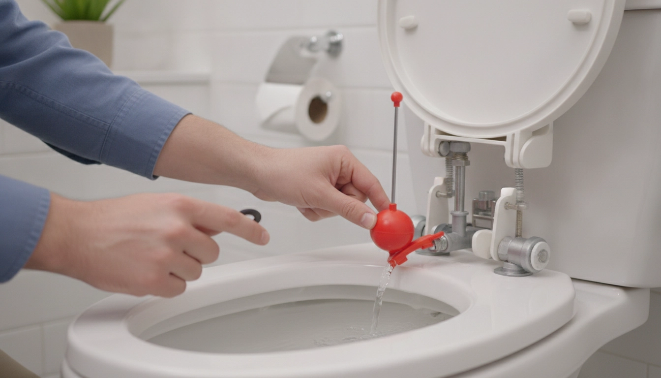 Un plombier en train de réparer chasse eau qui fuit wc avec des outils simples.