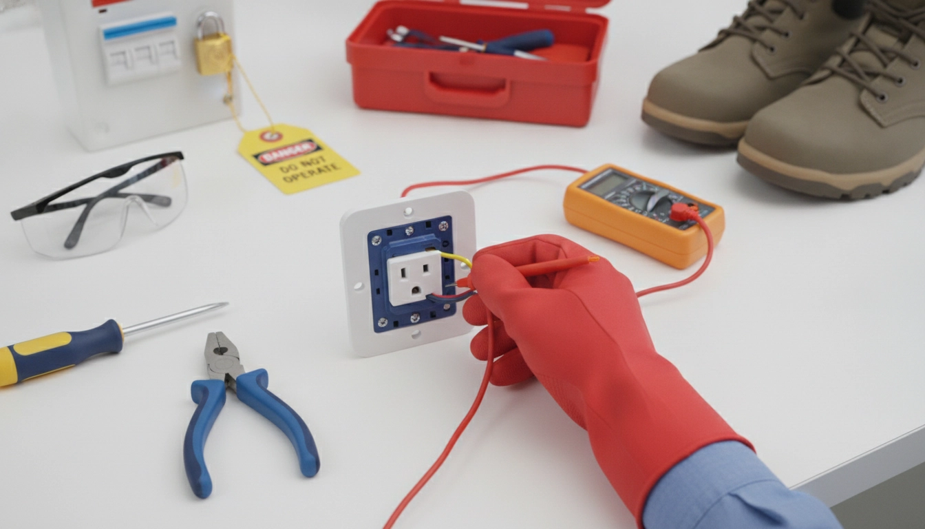 Un électricien utilisant un multimètre pour réparer prise électrique défectueuse soi-même en toute sécurité.
