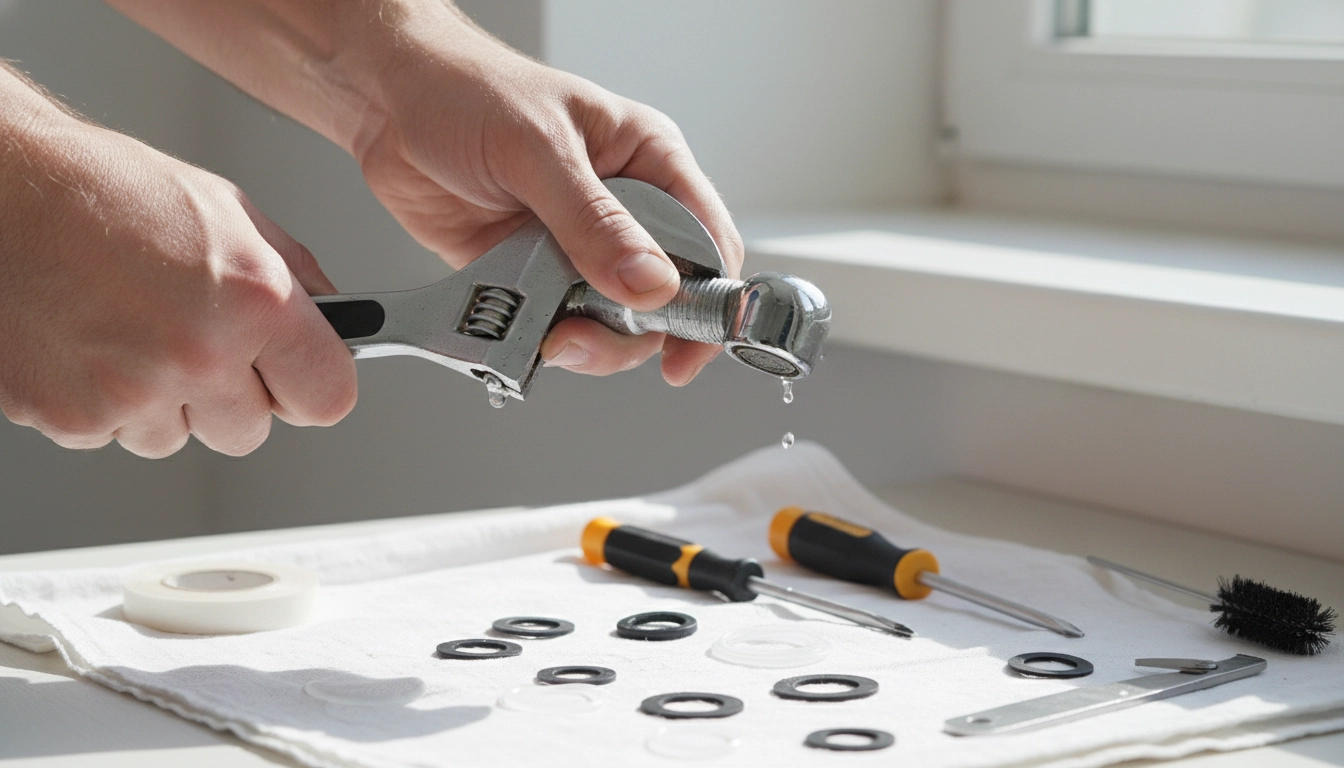 Guide pour réparer un robinet qui goutte soi-même avec clé à molette et joints de remplacement