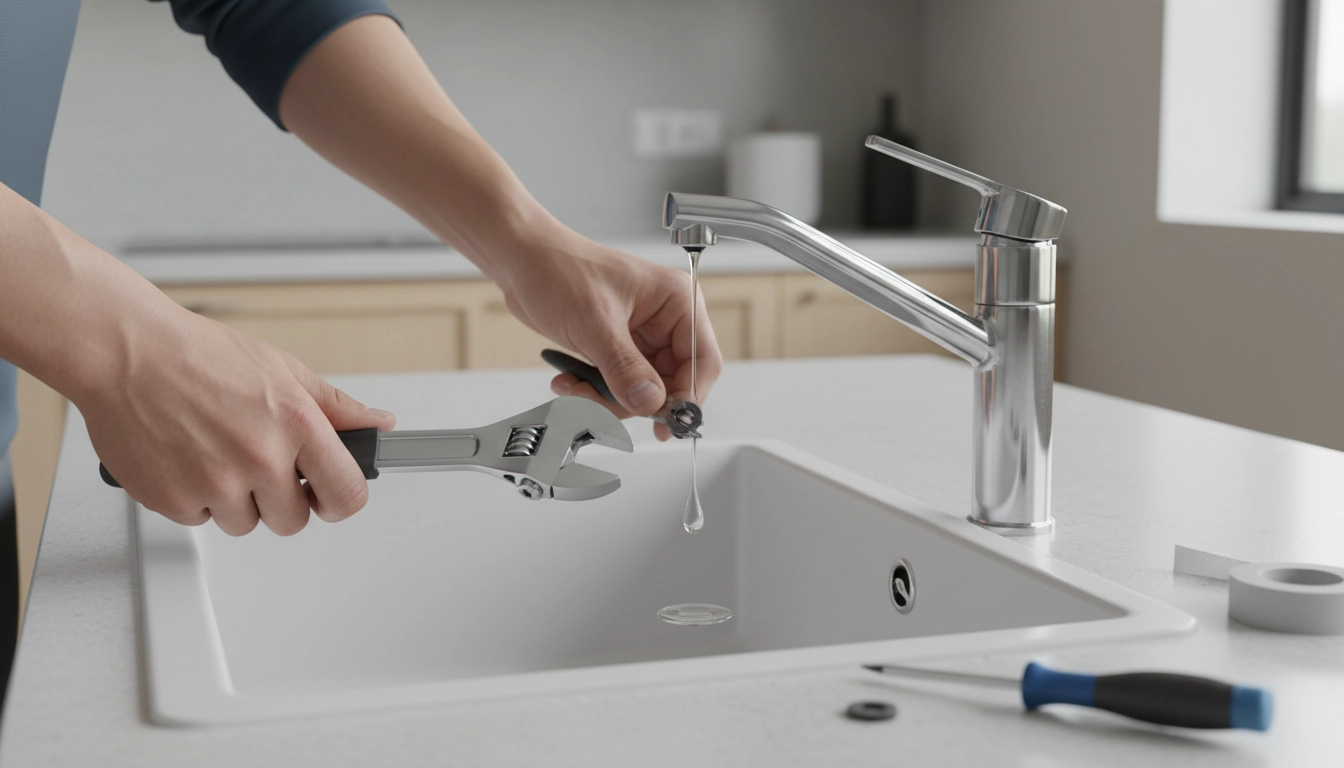 Mains en train de réparer un robinet qui goutte soi-même avec des outils de plomberie