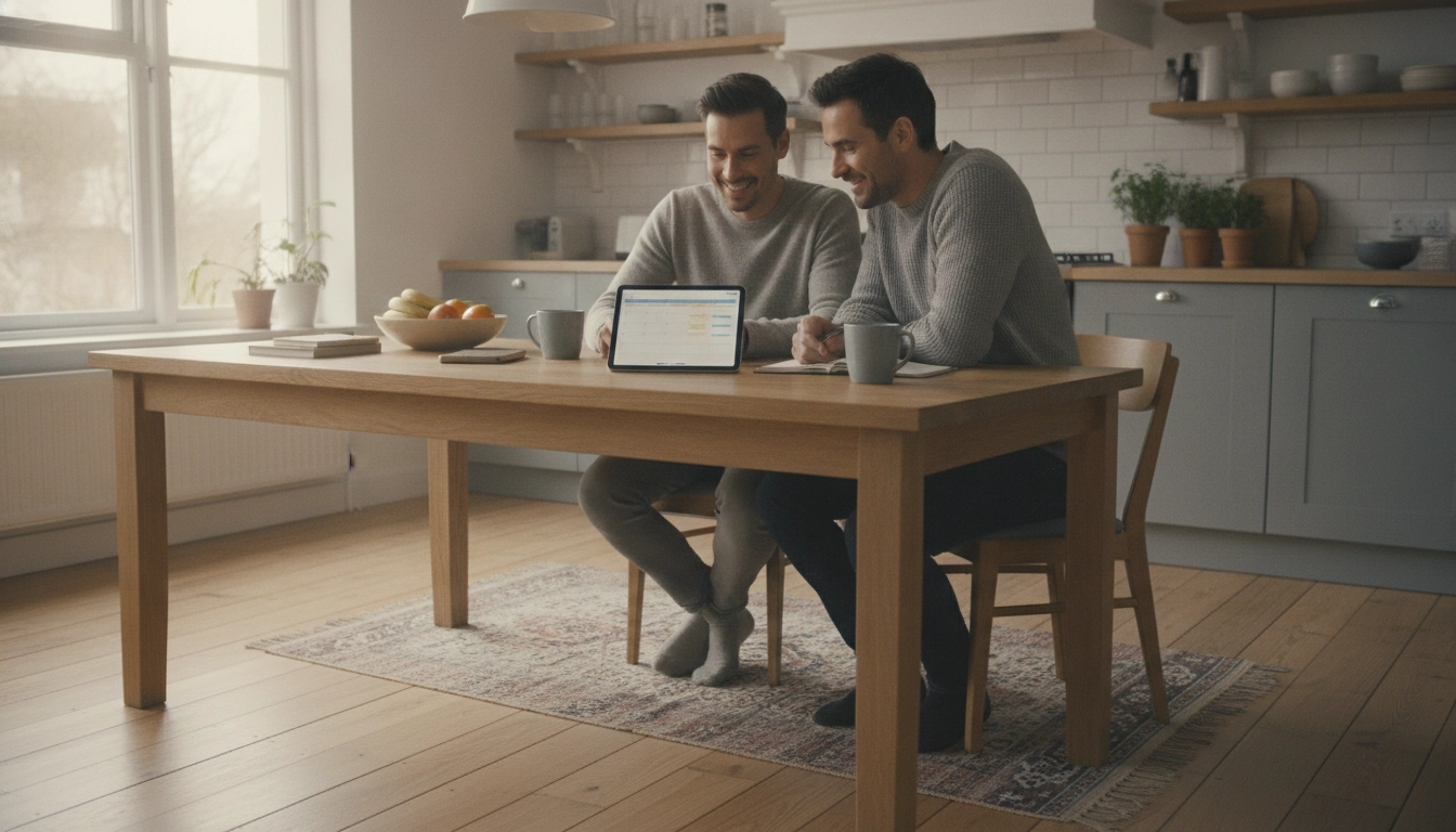 Un couple utilisant une tablette pour répartir équitablement tâches ménagères couple de manière organisée.