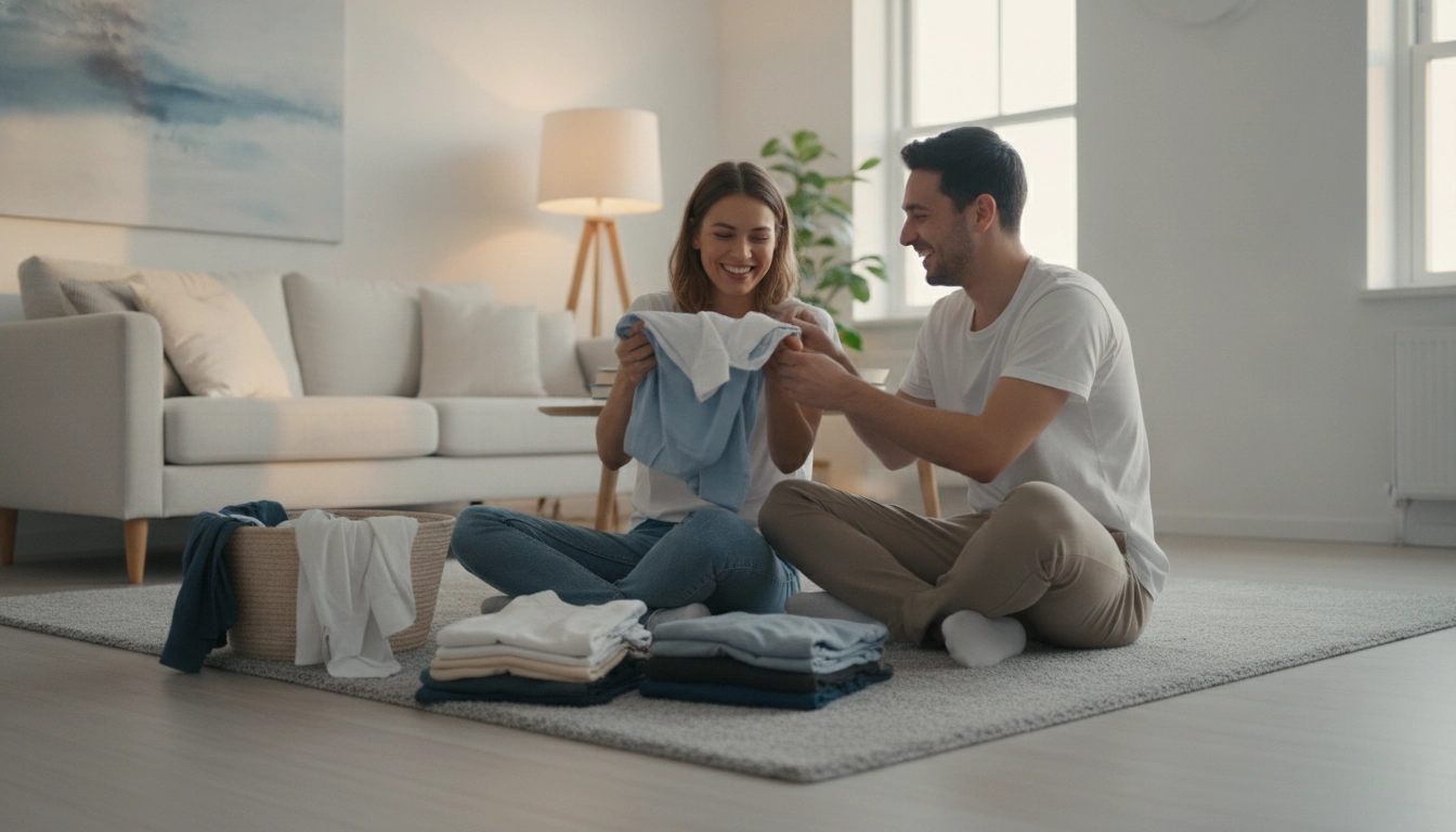 Un couple qui collabore pour les corvées de linge, illustrant une bonne manière de répartir équitablement tâches ménagères couple.