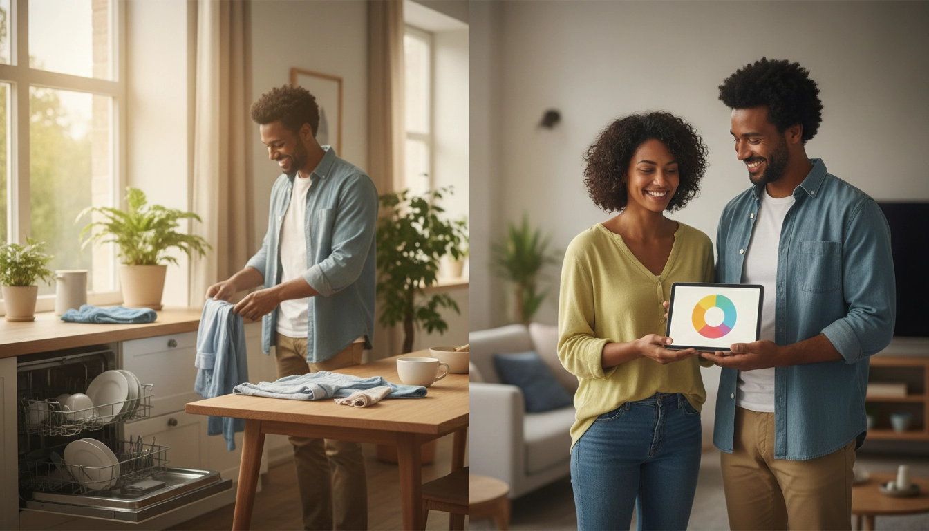 Un couple heureux discutant de l'organisation domestique pour répartir équitablement tâches ménagères couple avec le sourire.