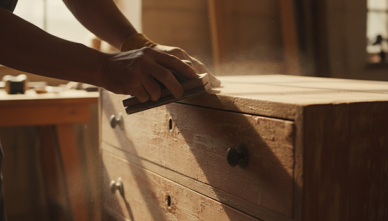 Ponçage à la main pour restaurer une commode ancienne en bois abîmé