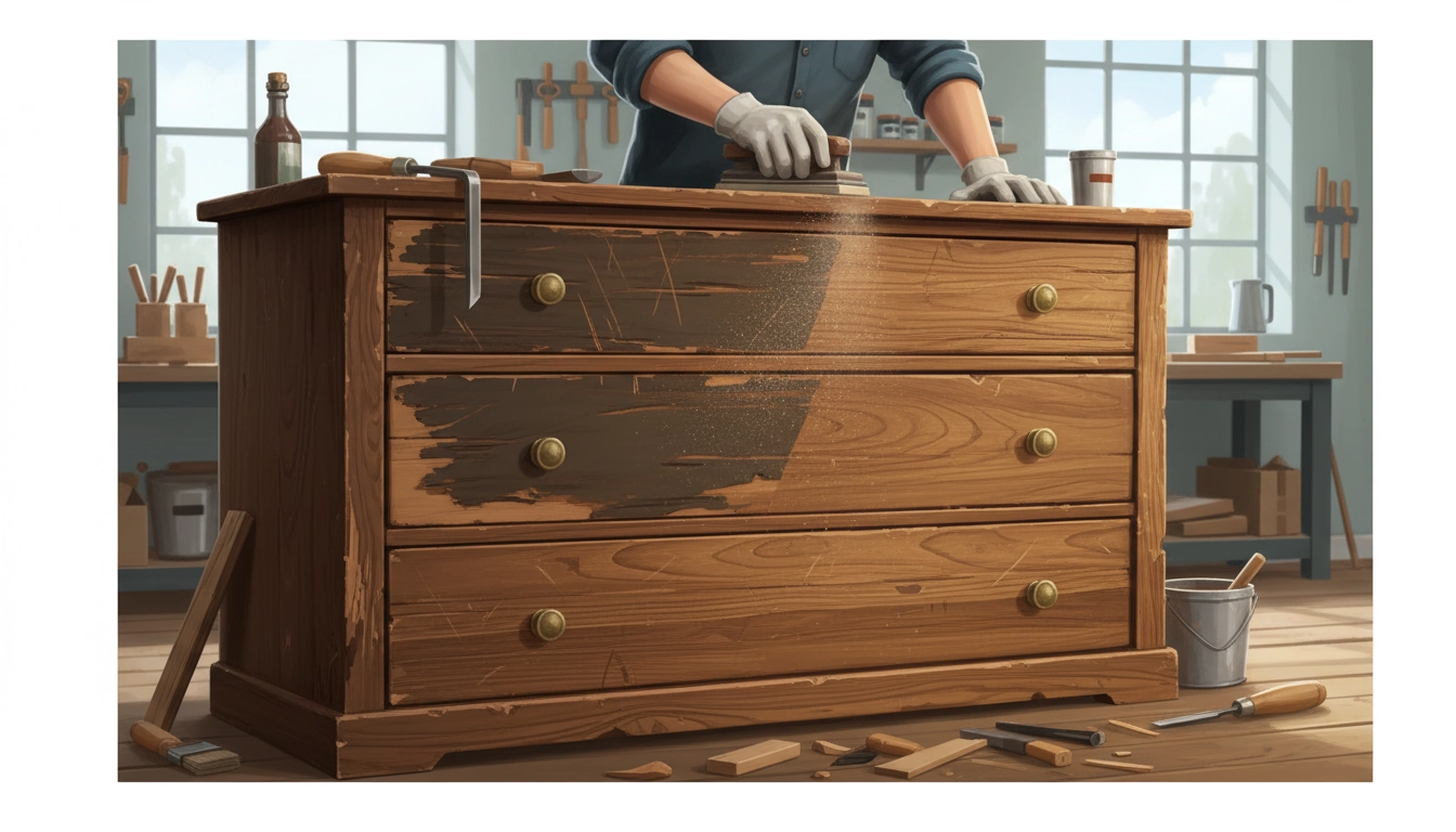 Commode ancienne en bois abîmé en cours de restauration artisanale