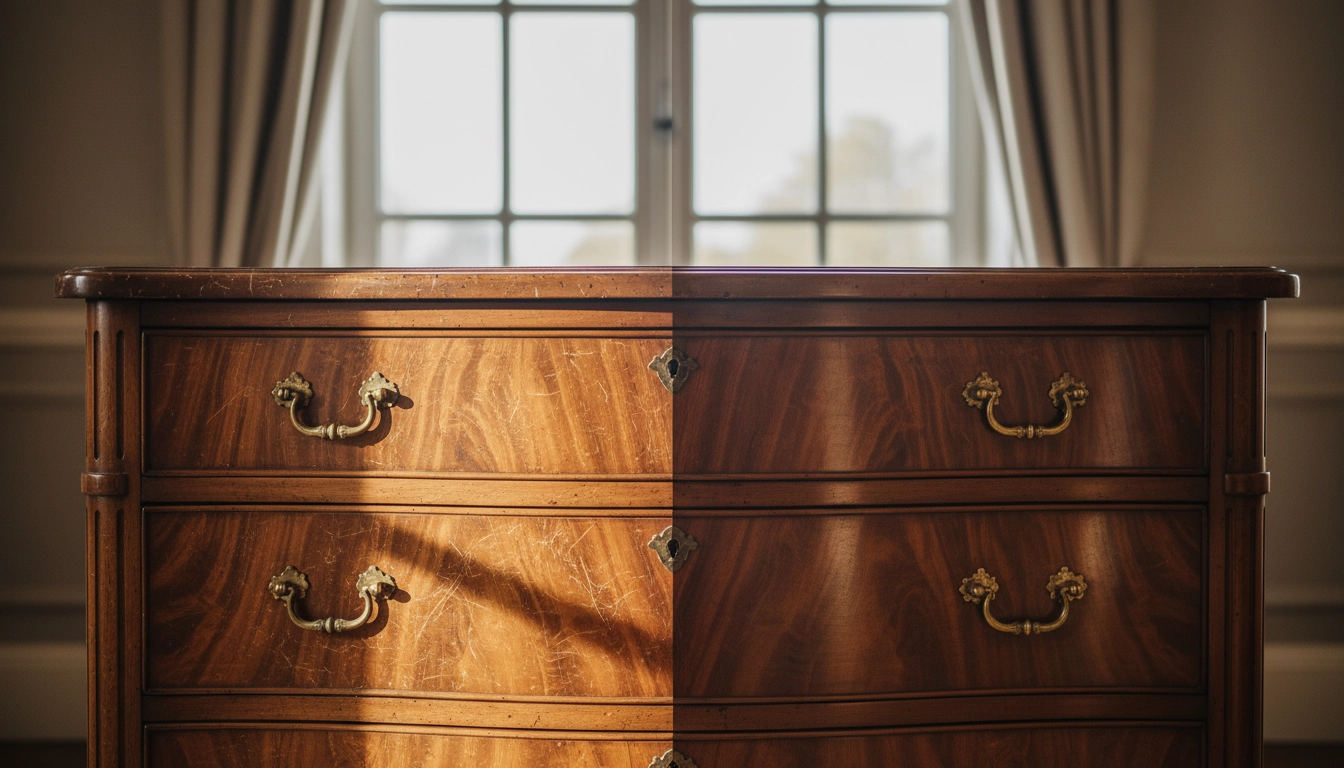 Avant et après l'application de techniques pour restaurer éclat meubles bois ternis sur une commode ancienne.