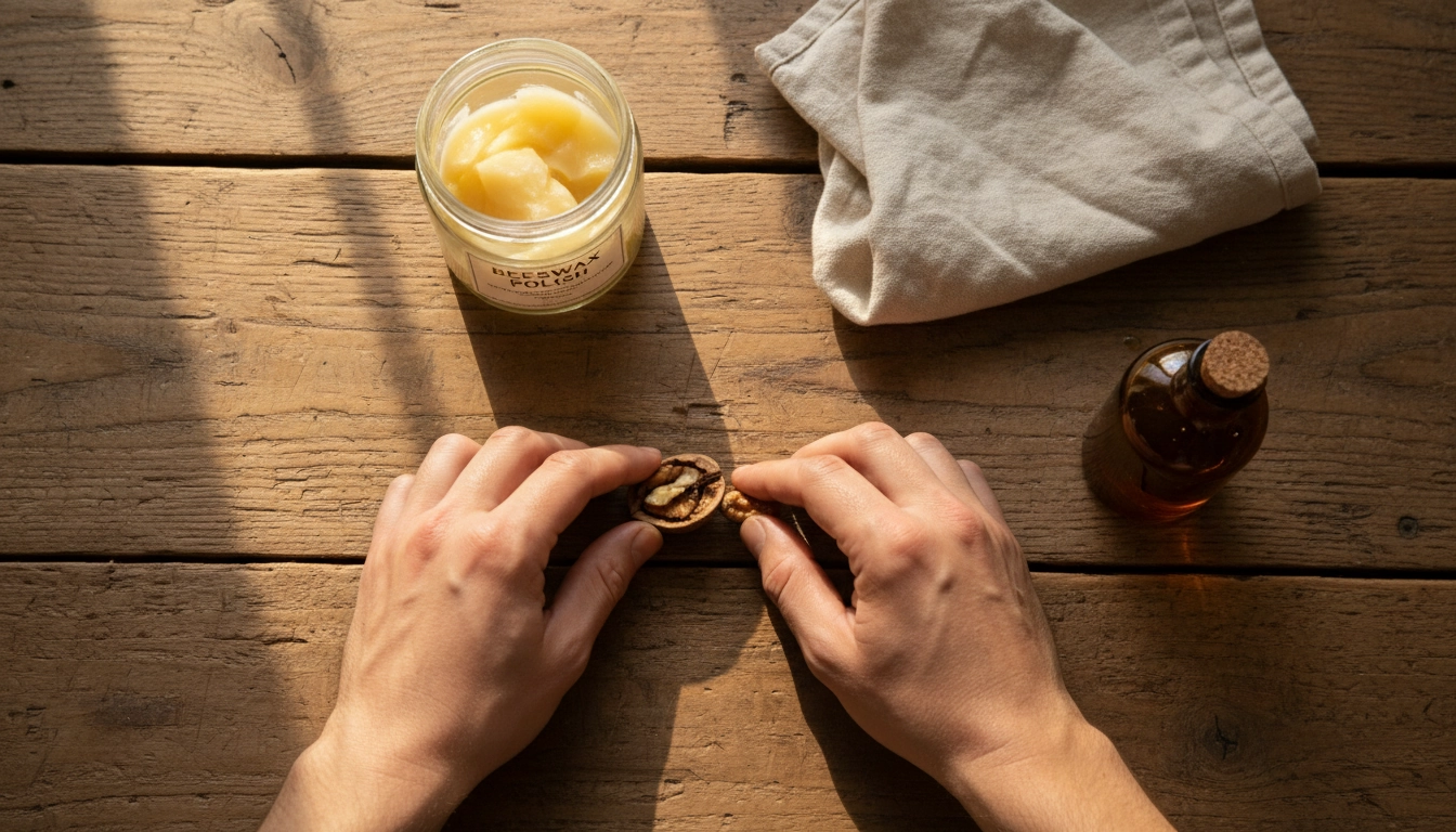 Utilisation d'une noix pour atténuer les rayures lors de la rénovation d'une table en bois massif.