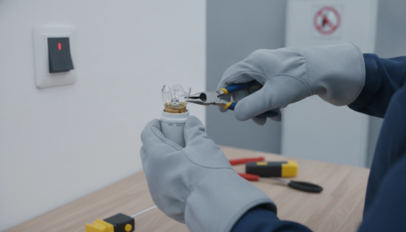 Un bricoleur utilisant une pince isolée pour retirer une ampoule cassée douille sécurité avec précaution.