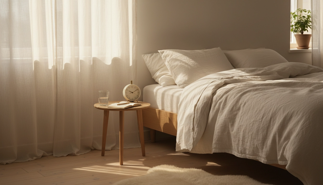 Chambre sereine au lever du soleil pour se réveiller facilement sans stress pour une routine matinale apaisante